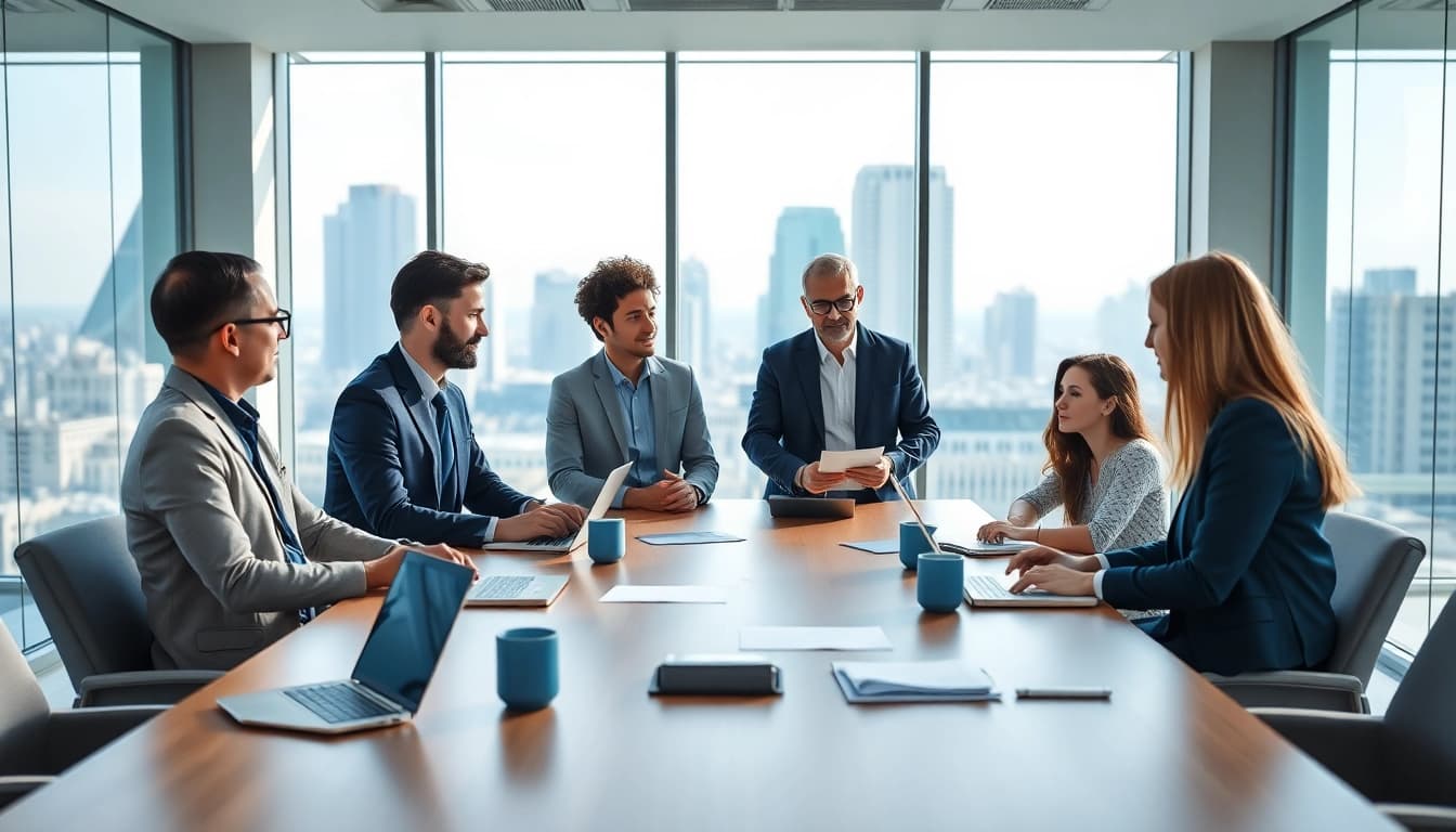 Business professionals collaborating in a modern office environment during a meeting.
