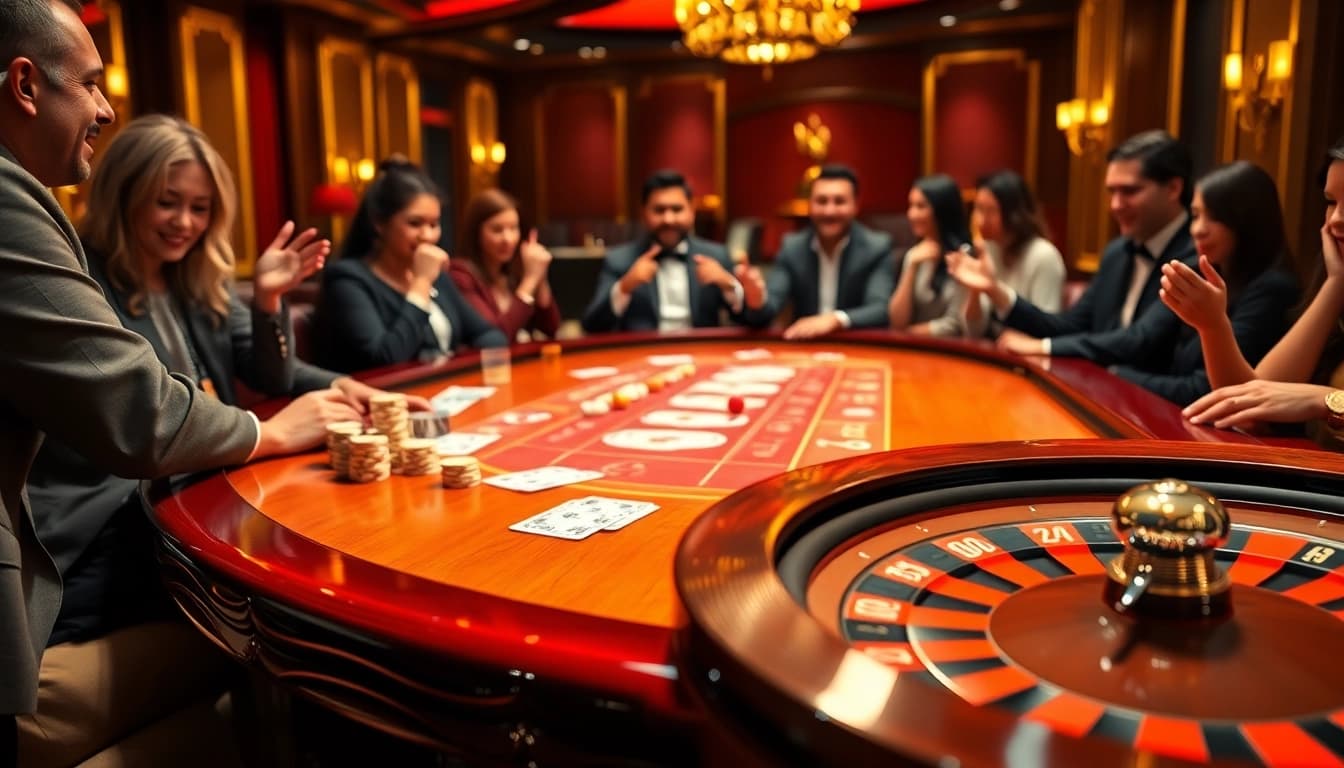 Joueurs engagés à une table de poker de casino en ligne luxueuse avec des jetons et des cartes colorés.