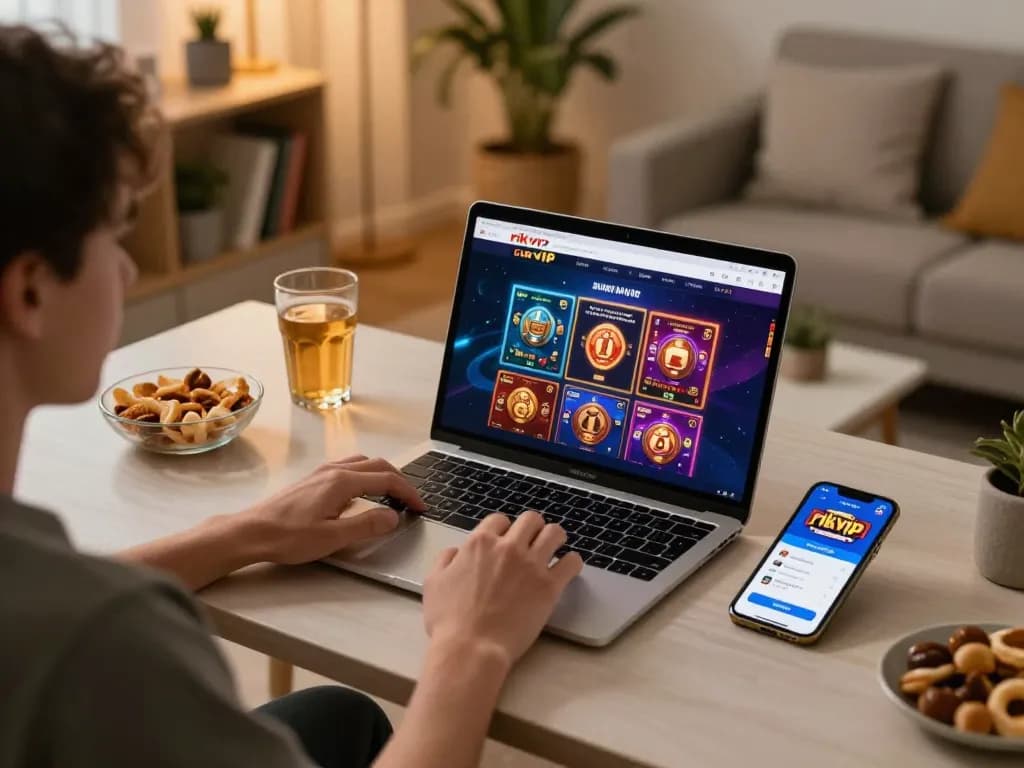 Player exploring the rikvip online casino on a laptop and smartphone, enjoying a relaxing gaming experience in home setting.