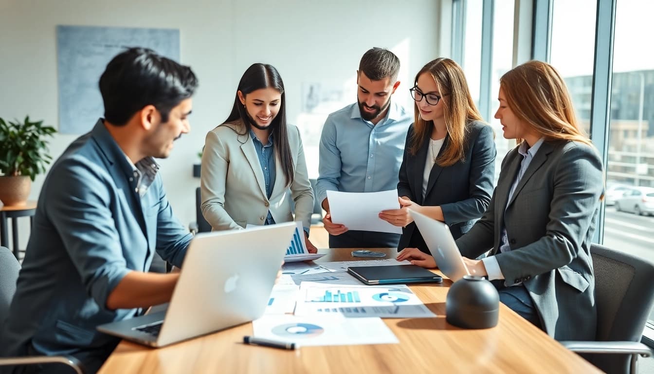 Audit Services in UAE: Professional team collaborating over financial reports in a modern office.