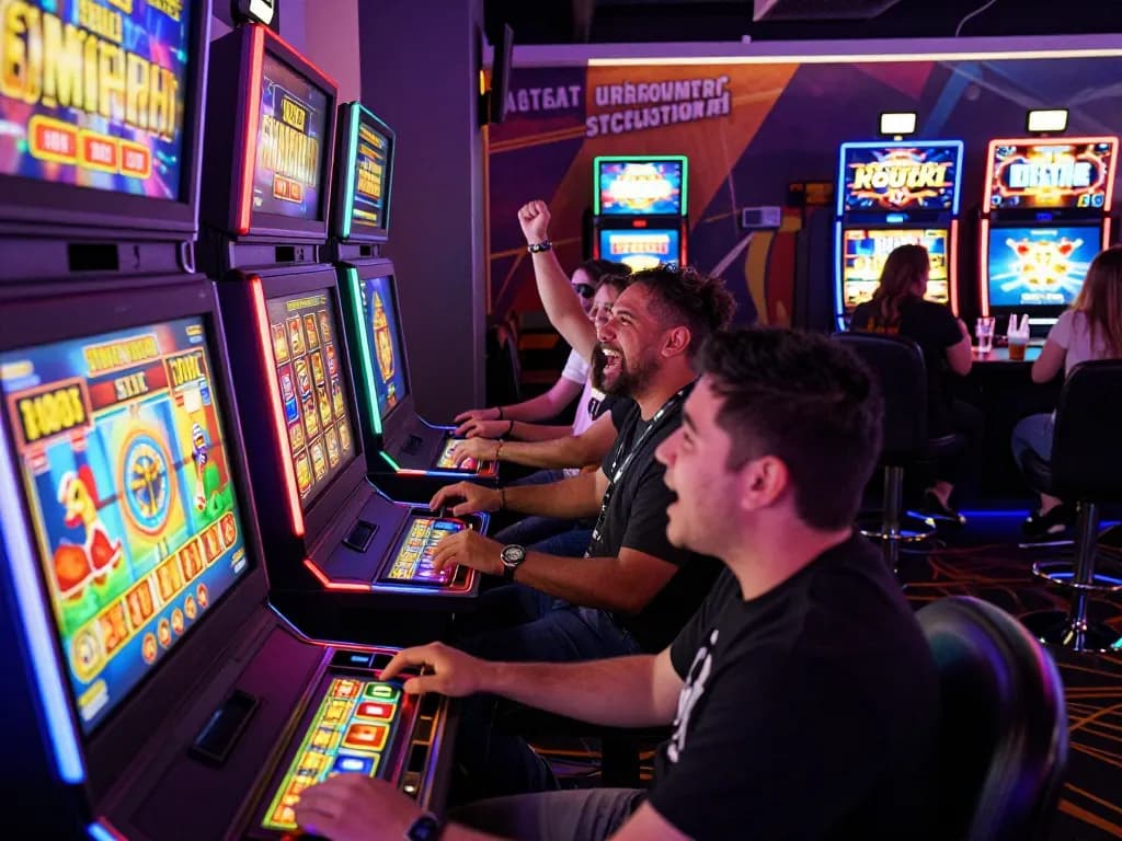 Suasana permainan yang menarik menampilkan pemain yang menang di mesin slot situs gacor di kasino yang hidup.