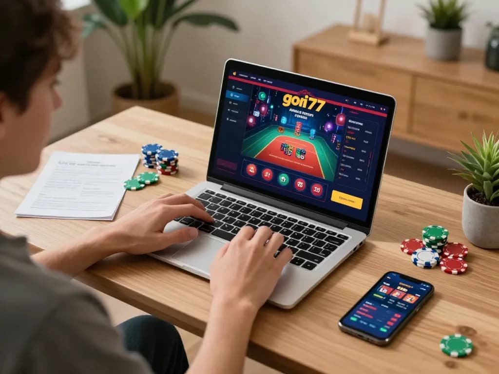 Person engaging with gori77 online casino game on a laptop surrounded by poker chips and strategy notes.