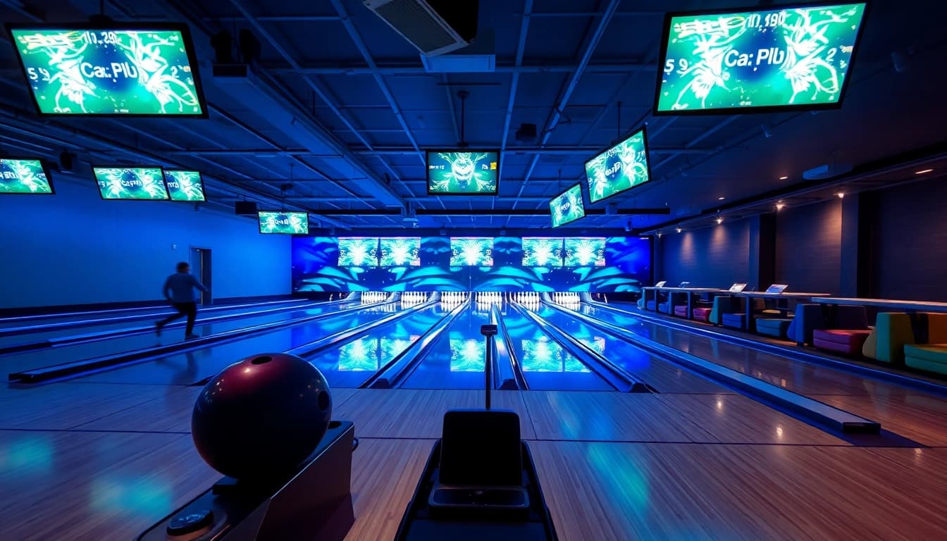The leading bowling equipment manufacturer showcasing advanced technology in a vibrant bowling alley.