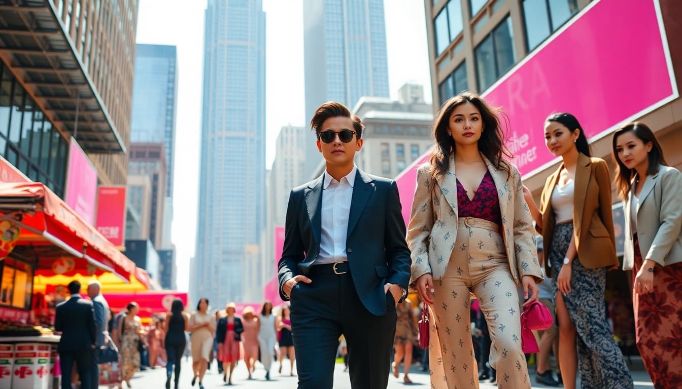 Engaging fashion scene showcasing diverse styles and vibrant outfits in a bustling city environment.