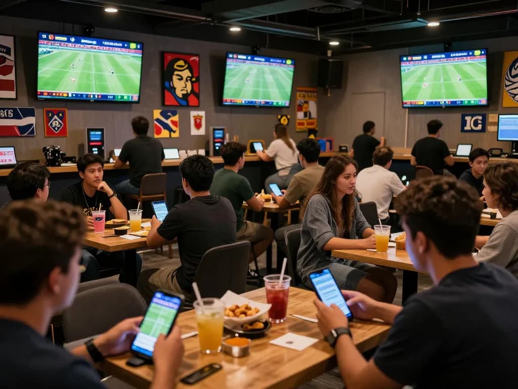 Fans excitedly placing bets on tỷ lệ bóng đá trực tuyến 7m cn in a lively sports betting lounge.