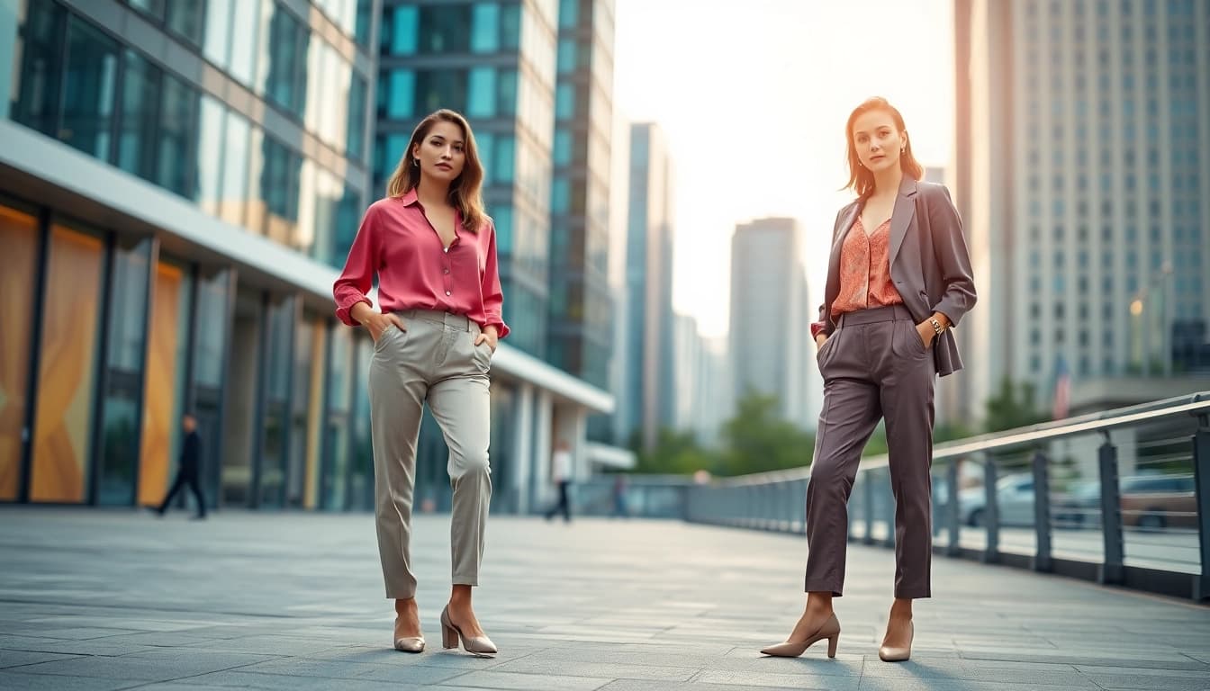 Stylish woman showcasing women fashion in a vibrant urban setting.