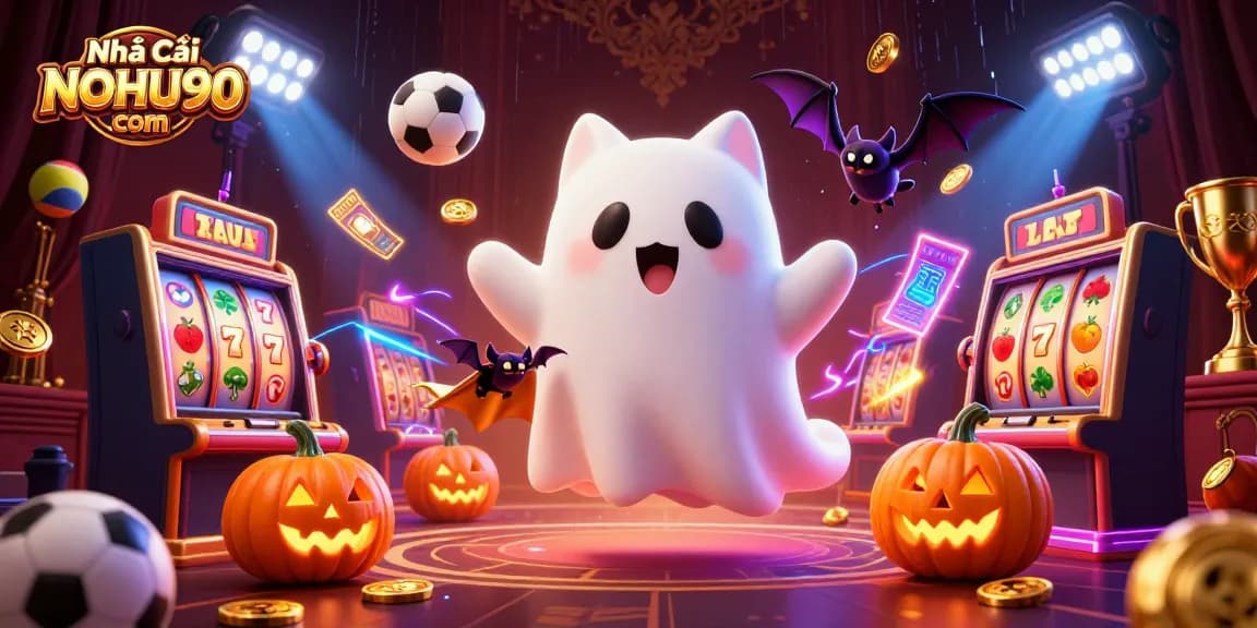 Engage in thrilling gameplay at Nhà Cái NOHU90 com, where a ghost cat and bat explore a vivid casino scene filled with slots and games.
