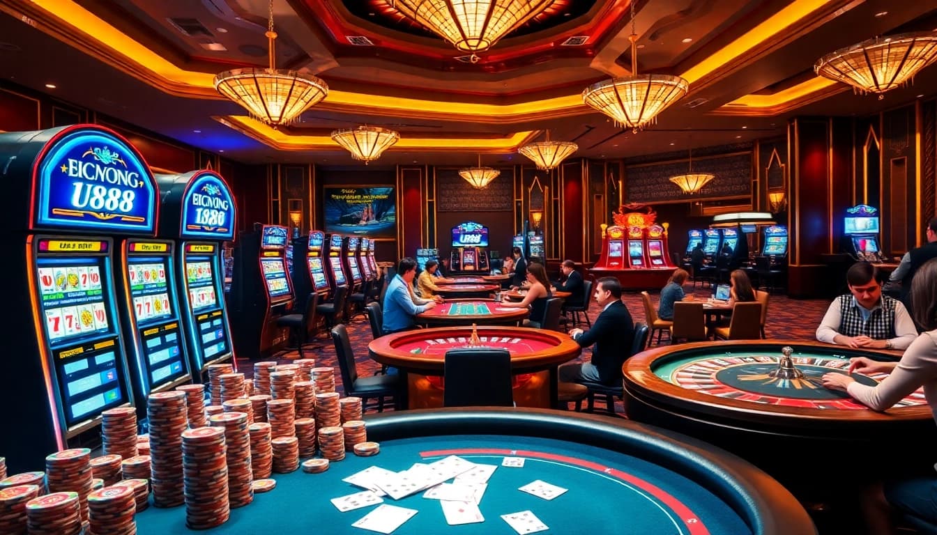 U888 players enjoying a thrilling casino experience with vibrant tables and luxury vibes.