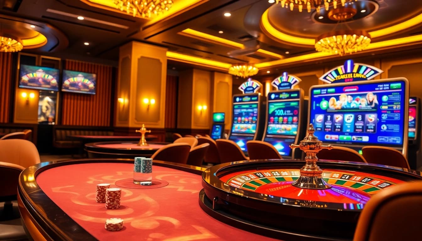 Engaging image of gaming action on the trang chủ okwin interface featuring a roulette wheel and vibrant poker chips.
