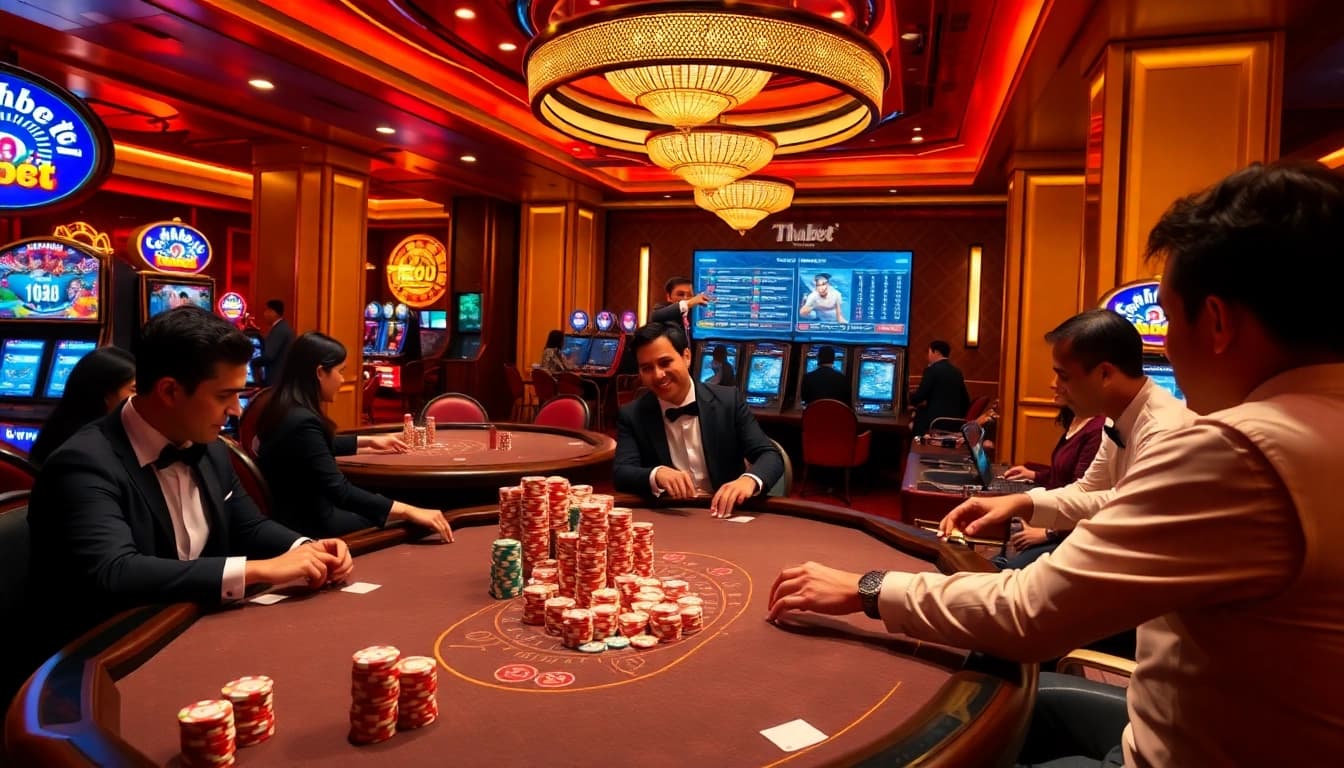 Experience the luxurious gambling atmosphere at Thabet with exciting poker action and vibrant casino visuals.