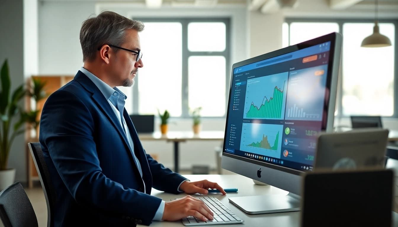 Analyze SEO strategies with a professional reviewing website performance data in a modern office.