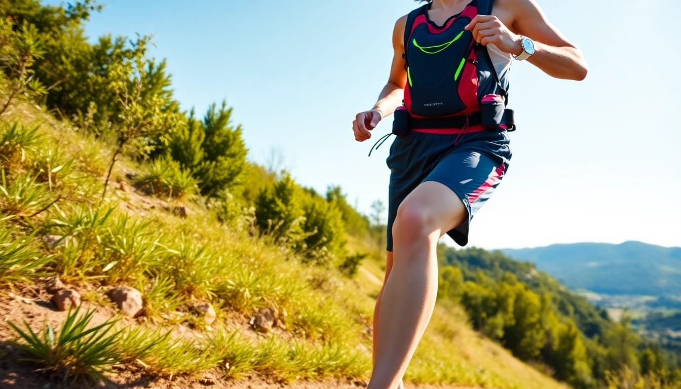Runner using essential running accessories in nature, demonstrating performance and style.