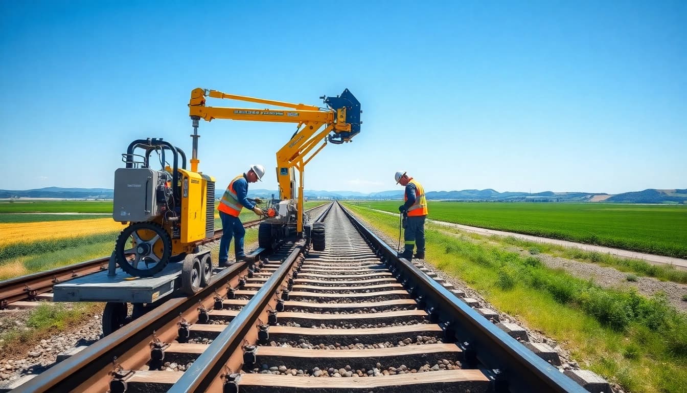 Workers performing railroad maintenance repairs with advanced machinery on a sunny day.