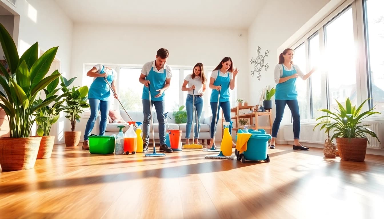 Cleaning Service team efficiently tidying a modern home with professional enthusiasm.