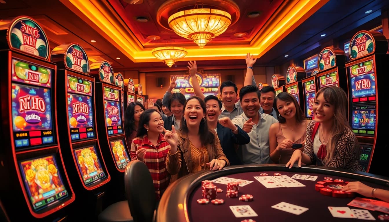 Nổ Hũ slot machines in a vibrant casino, showcasing excited players and poker chips