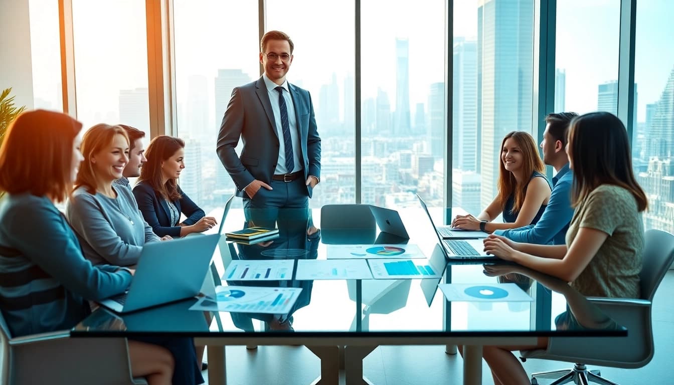 Exploring founder leadership insights through a dynamic team discussion in a modern office.