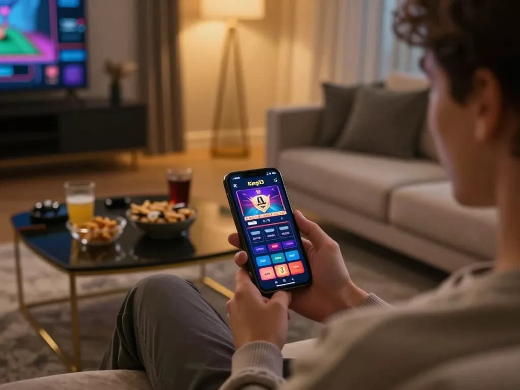 Player enjoying the king33 mobile gambling app on their smartphone in a cozy living room setting