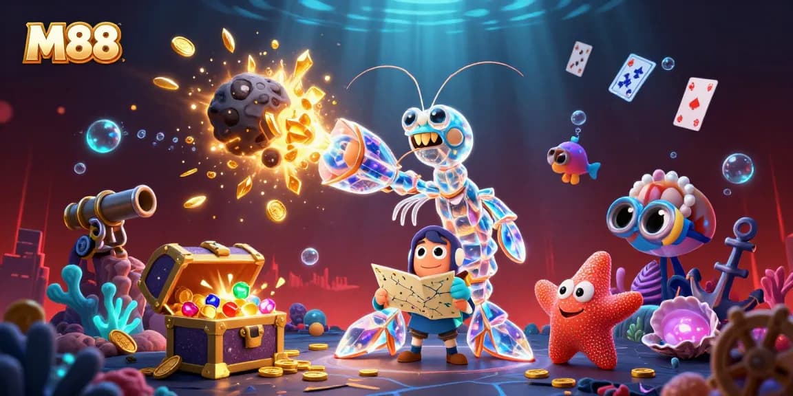M88 brings excitement to players, featuring an explosion of gems and coins amidst vibrant underwater treasures.