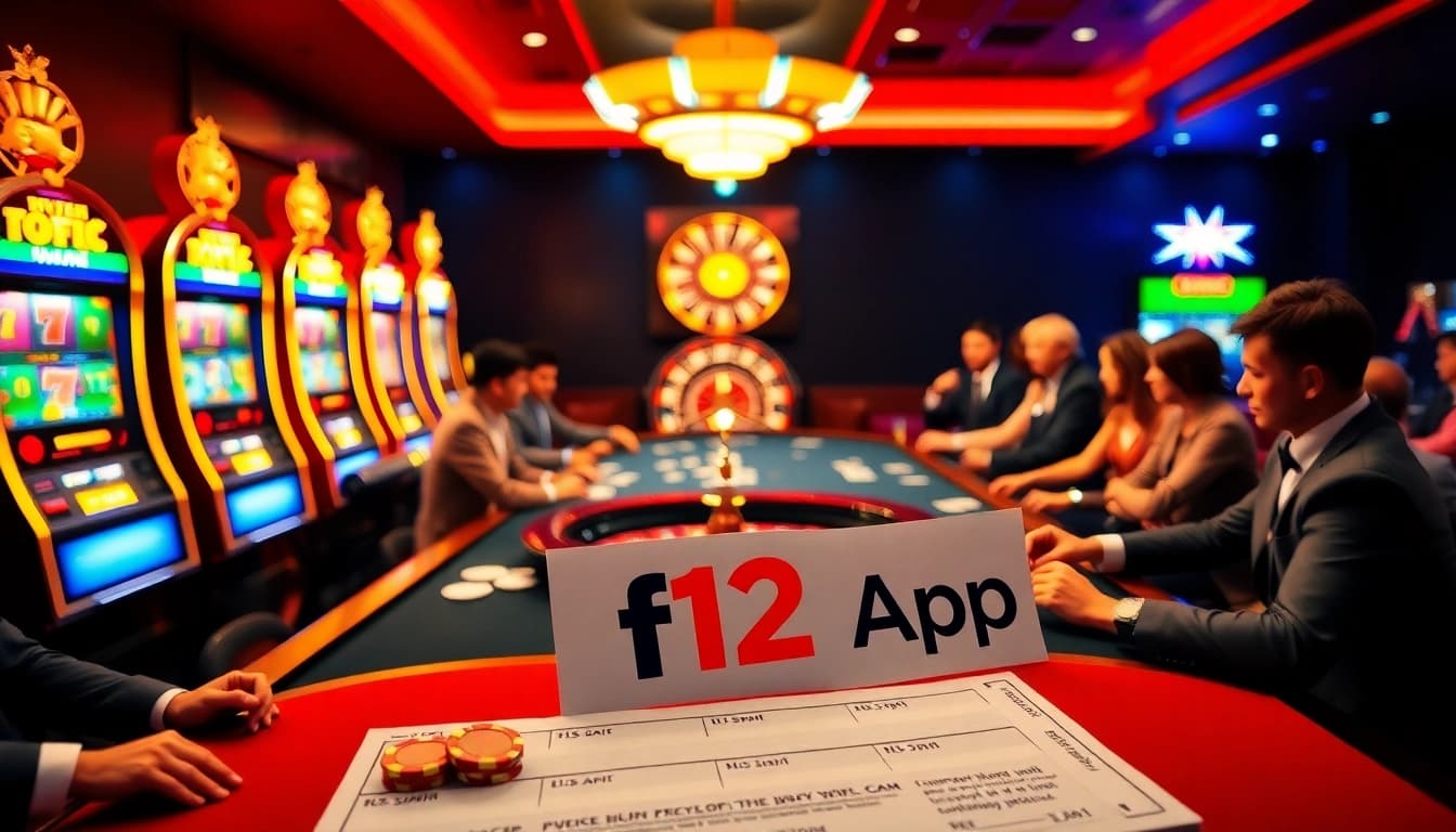 Strategically utilizing the f12 App at a lively poker table in a vibrant casino scene.