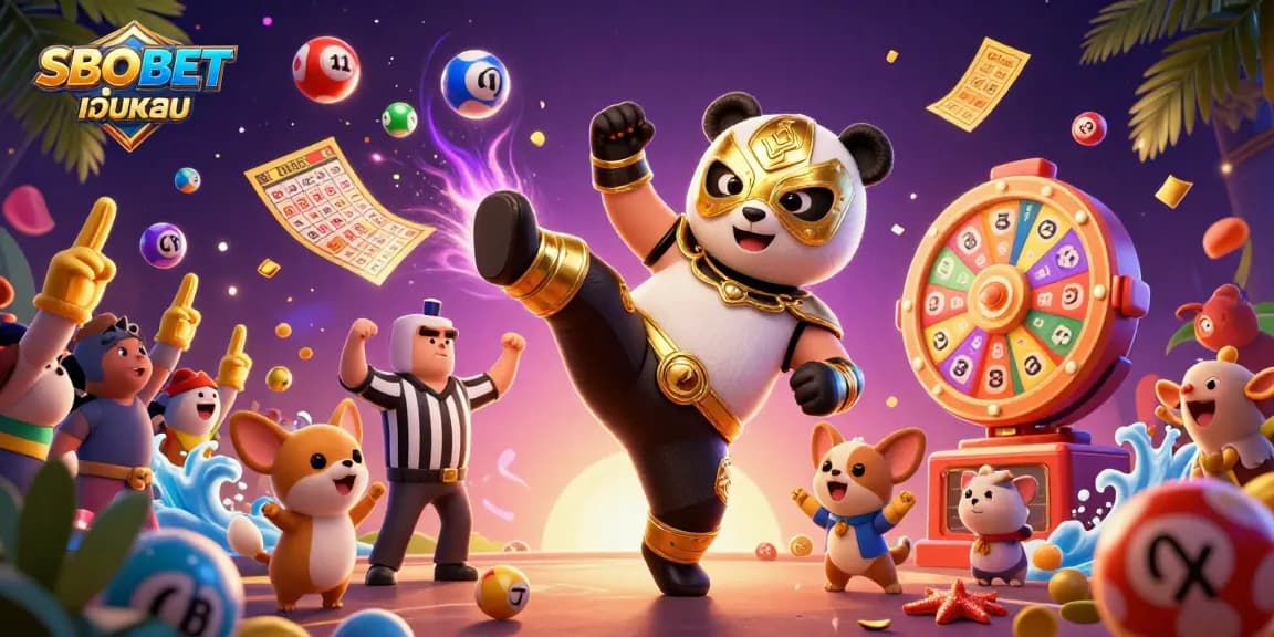 SBOBET เว็บตรง showcases a vibrant casino scene featuring a wrestling panda, lively animal crowd, and colorful game elements.