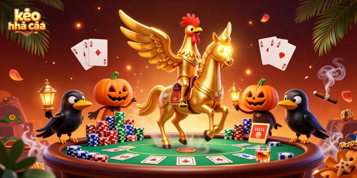 Experience kèo nhà cái excitement with golden rooster and crow companions in a vibrant casino scene.