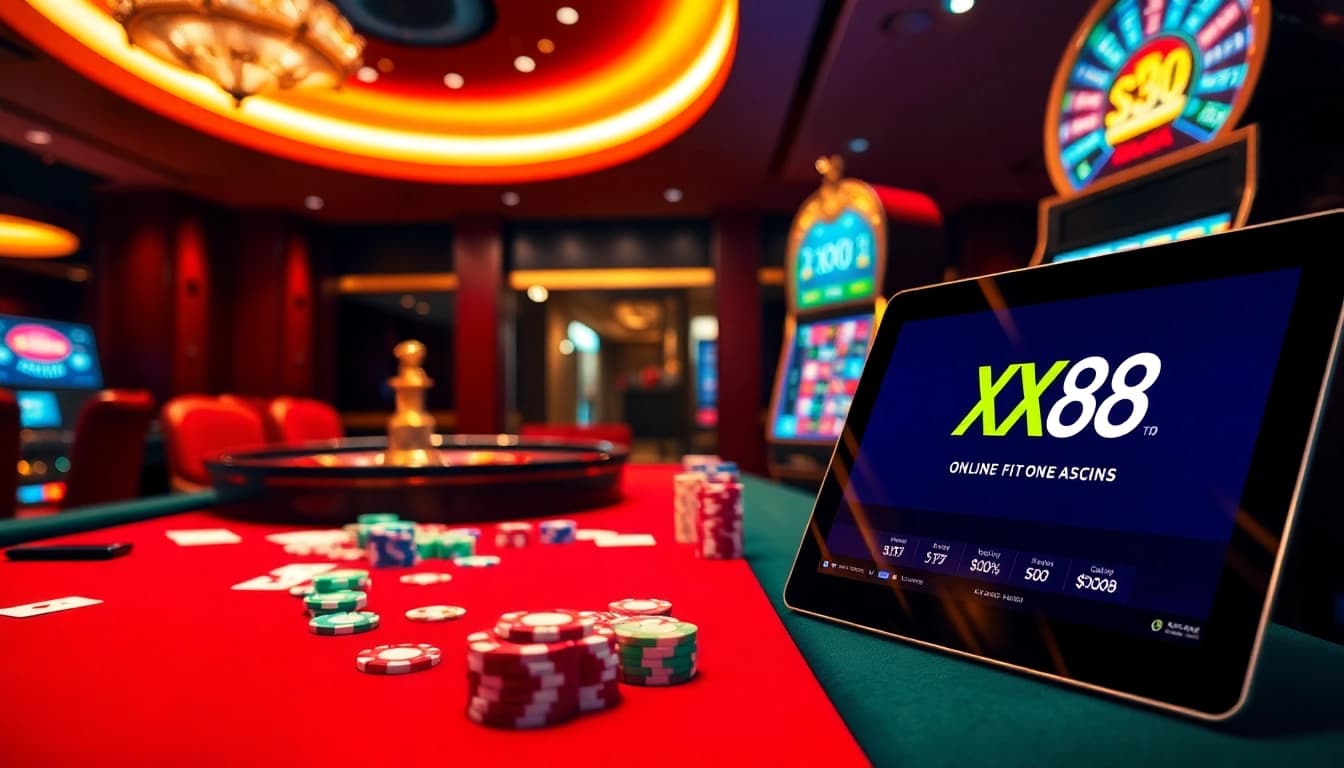 Win big with exciting games at XX88, featuring vibrant poker tables and elegant slot machines.
