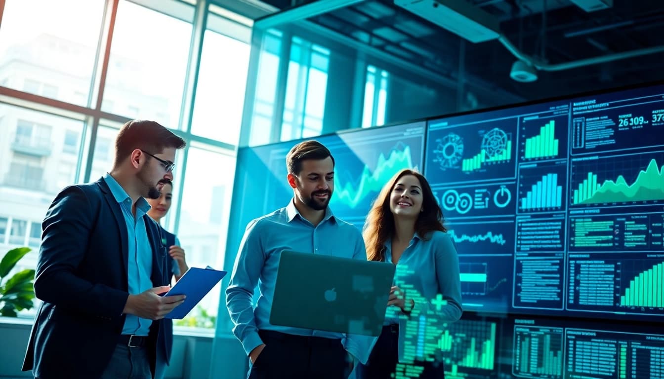 Data analysts leveraging AI for competitive intelligence in a modern office.