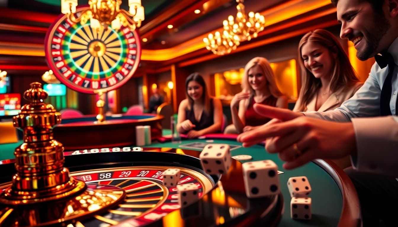 Players enjoying a game at a luxurious casino representing https://rr88.navy/ with poker chips, cards, and roulette.