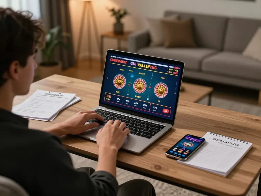 Engaging online gaming session at home with 92slot, showcasing live dealer games on a laptop and strategic notes.