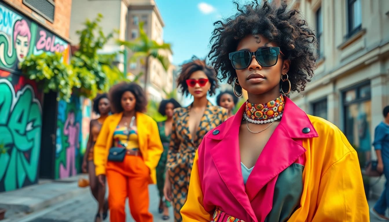 Model showcasing vibrant fashion in an urban setting with colorful outfits.