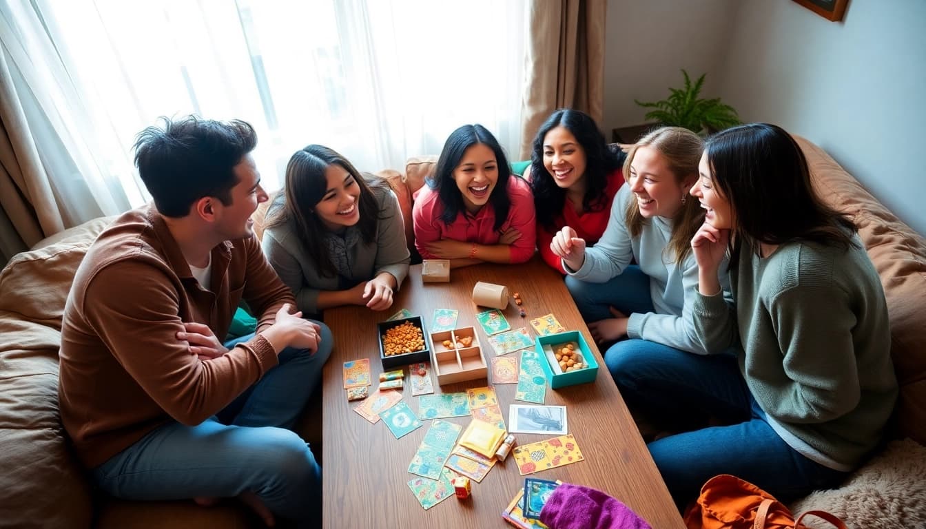 Engaged friends enjoying Games to play with friends in a warm, inviting atmosphere.