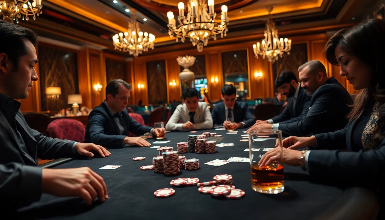 Experience the thrill of 8win as players engage in an intense poker game within an elegant casino.