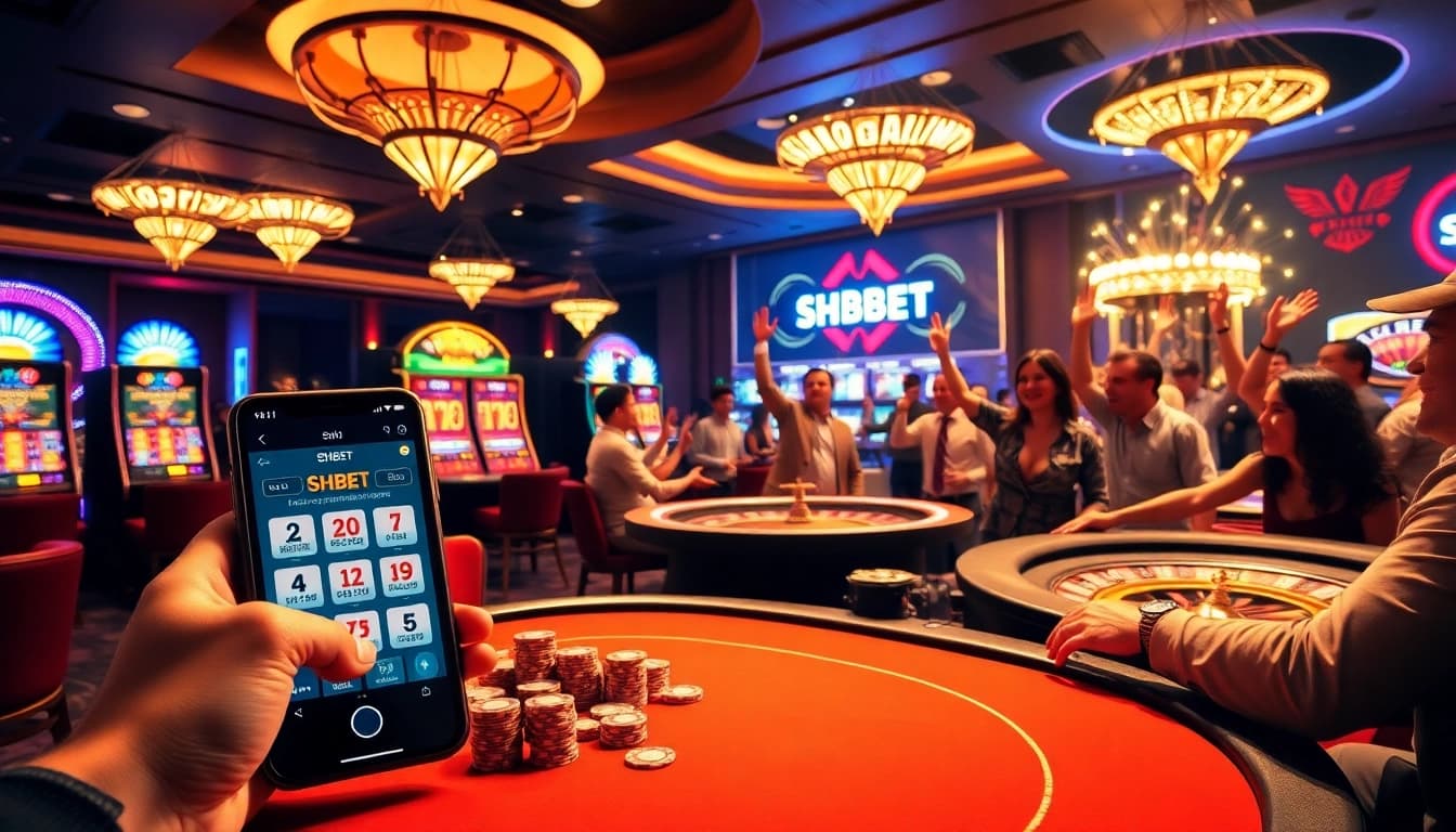 Experience the excitement of SHBET with vibrant casino gaming, poker chips, and bright slot machines.