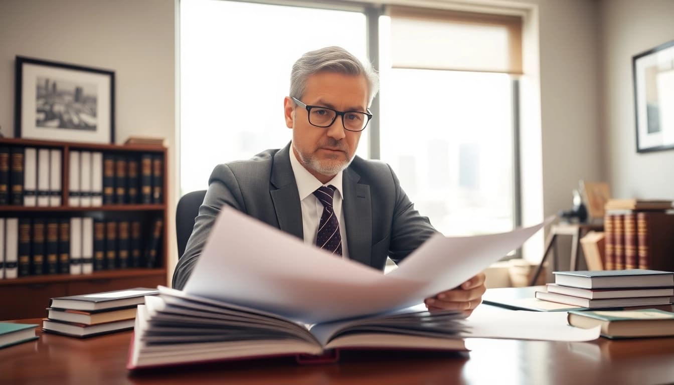 Clearwater truck accident attorney confidently reviewing case files in an office.