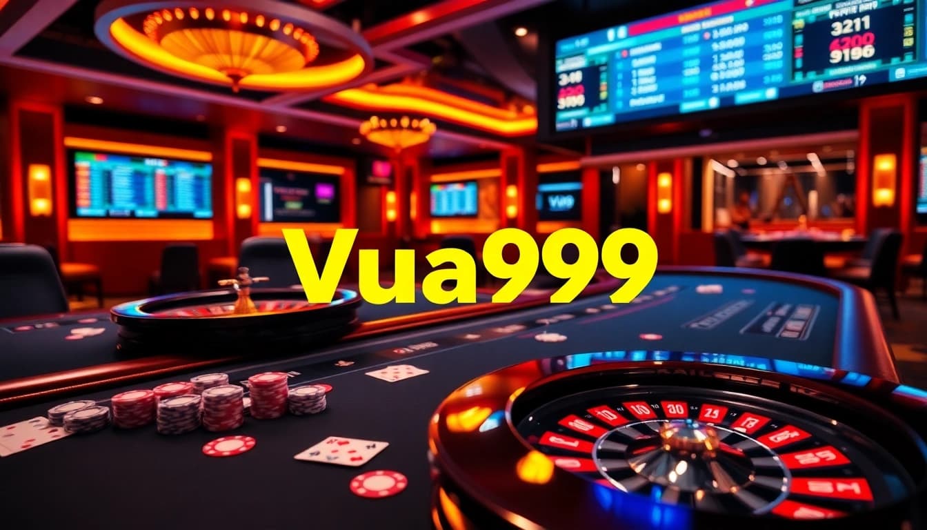 A dynamic gambling scene with Vua99 branding, showcasing poker chips, roulette, and modern digital screens.