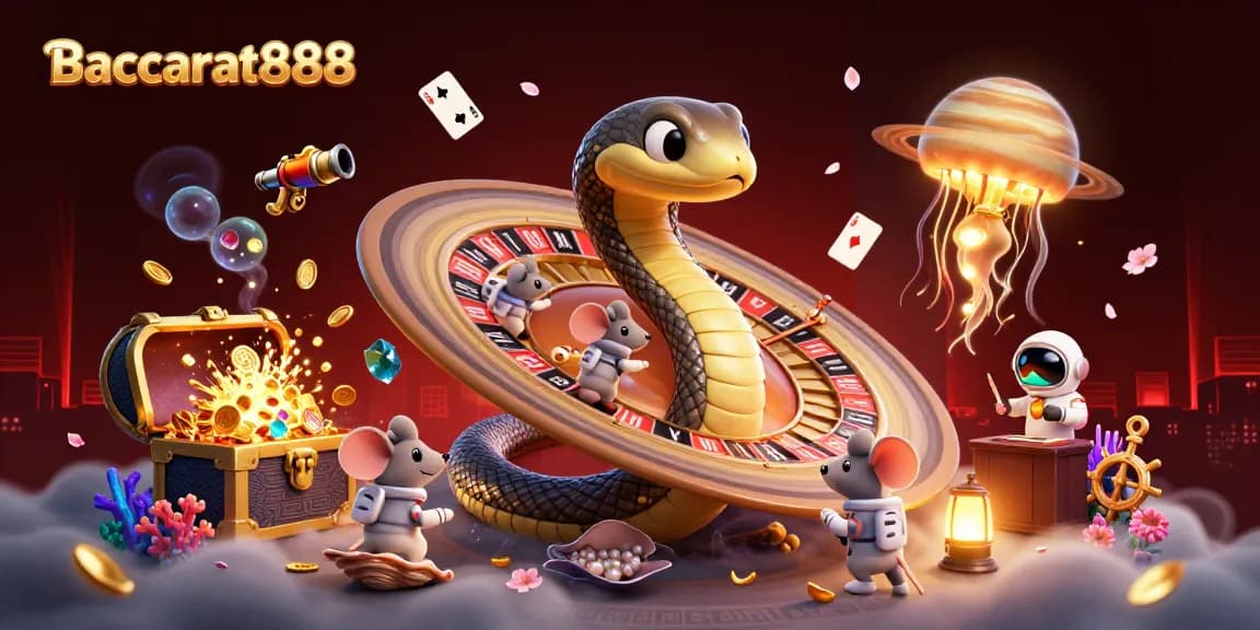 Baccarat888 players engage in thrilling cosmic gaming with a 3D snake and astronaut mice at the roulette wheel.