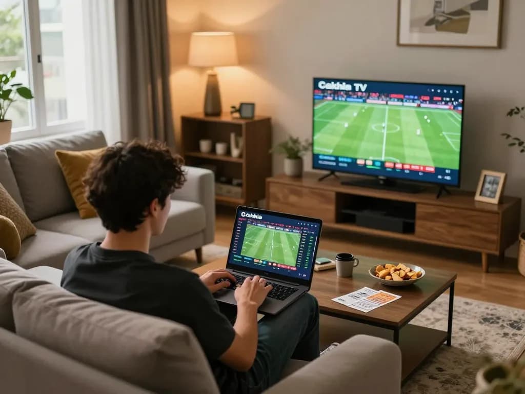 Person enjoying Cakhia TV streaming live football matches and sports betting from home.