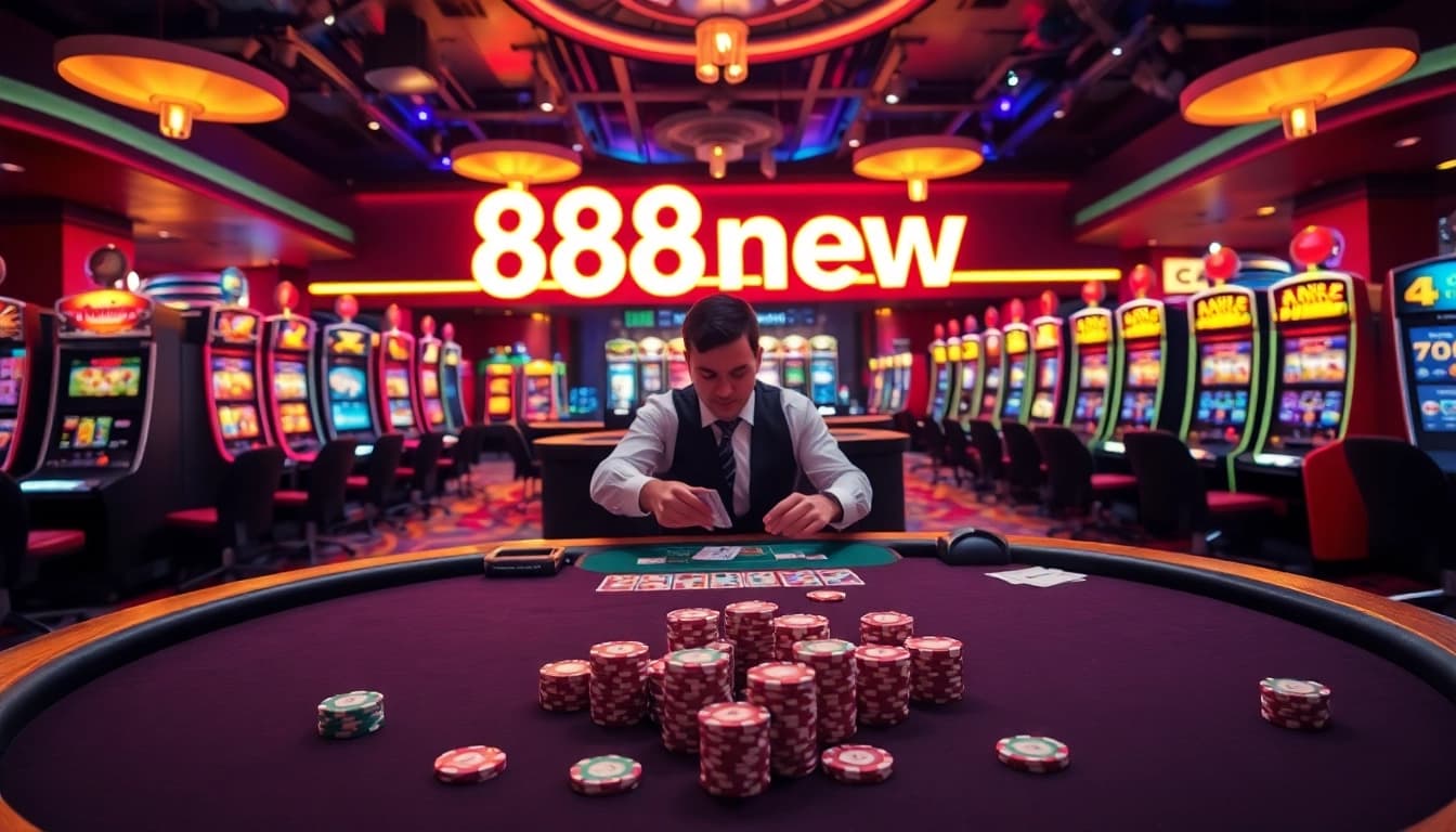 Exciting gaming scene at 888new with dealer, chips, and glowing slot machines