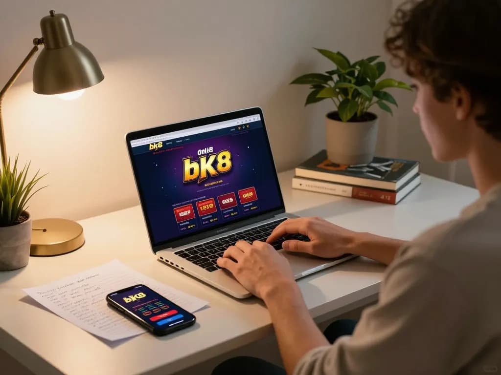 Engaged user exploring bk8 online casino on laptop amidst strategic gaming notes and a smartphone.