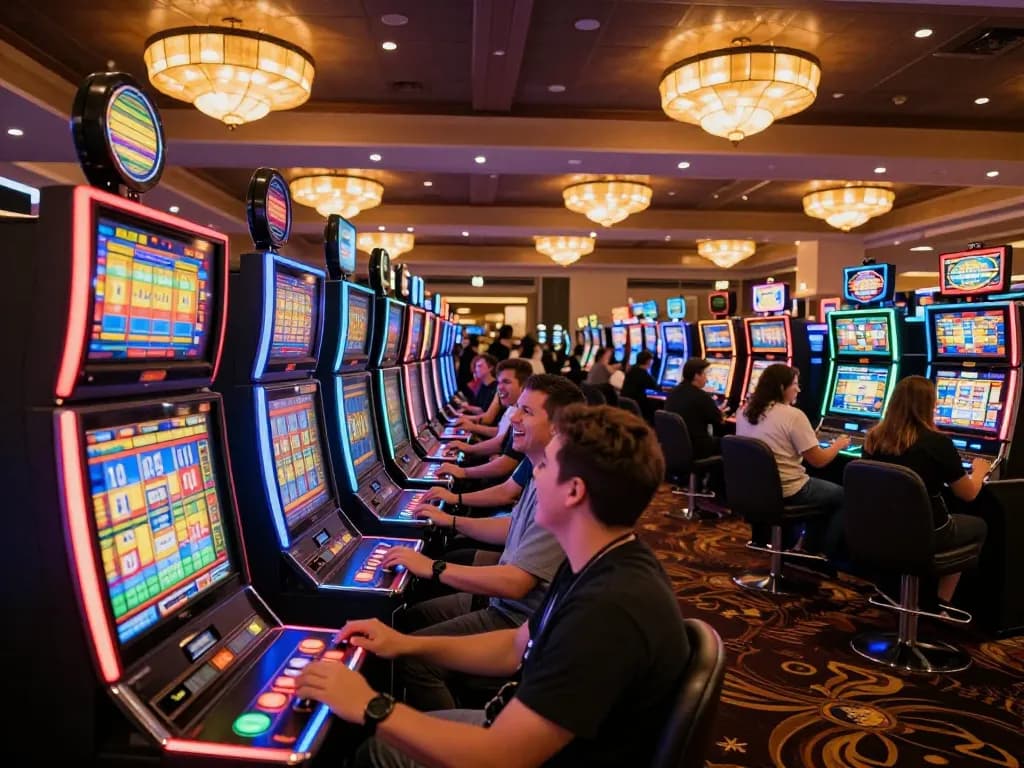 Players engaging with slot machines at mm88pc casino, vibrant atmosphere highlighting gaming excitement.
