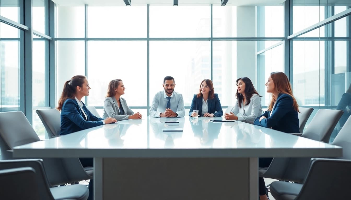 Collaborative business meeting showcasing diverse professionals in a modern setting.
