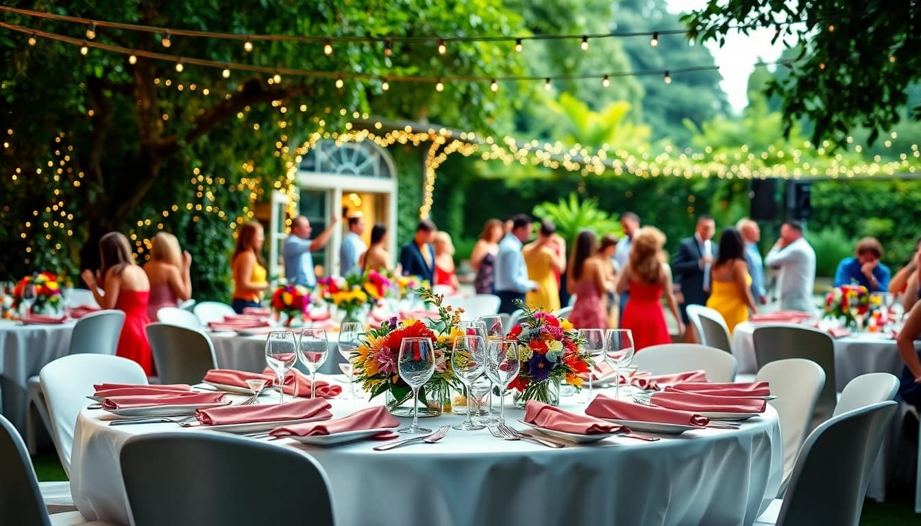 Stylish outdoor decor for Party Rentals highlighted by elegant table settings.