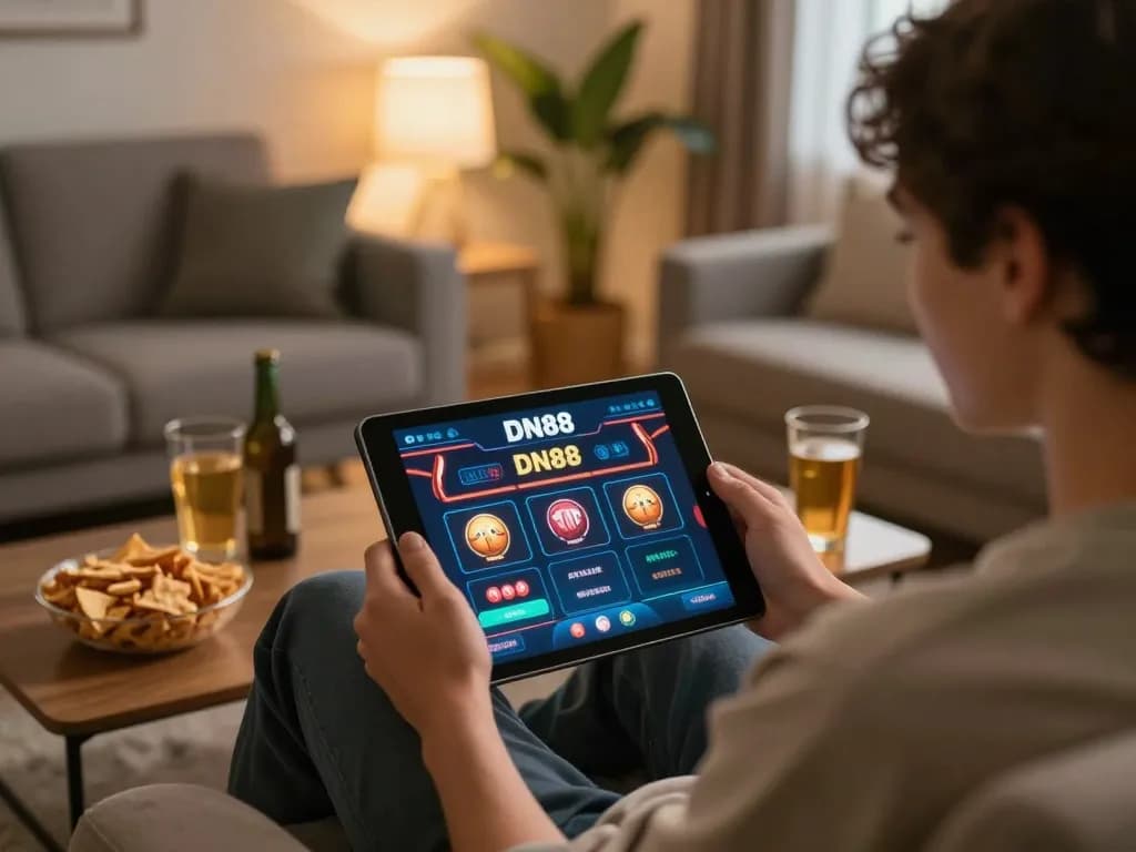 Engaging in responsible gameplay on the DN 88 casino app in a cozy home setting.