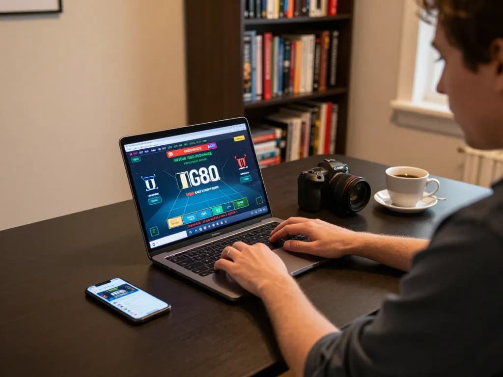 Engaged user exploring TG88 com online casino interface on their laptop, capturing a cozy home gaming moment