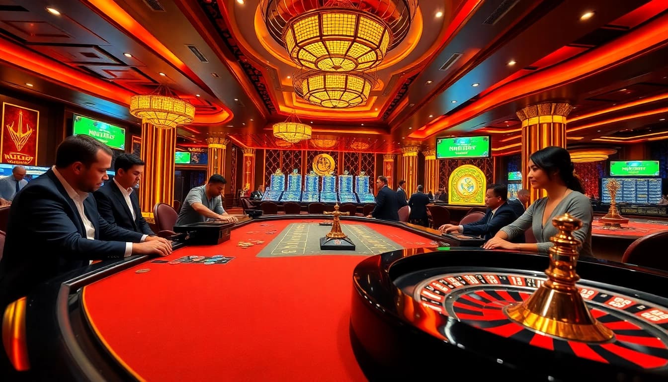 Engaged players at nhà cái thabet casino table strategizing their bets with vibrant poker chips.