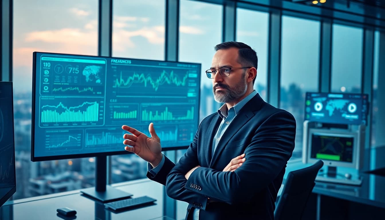 79king financial dashboard scene with trader and holographic charts