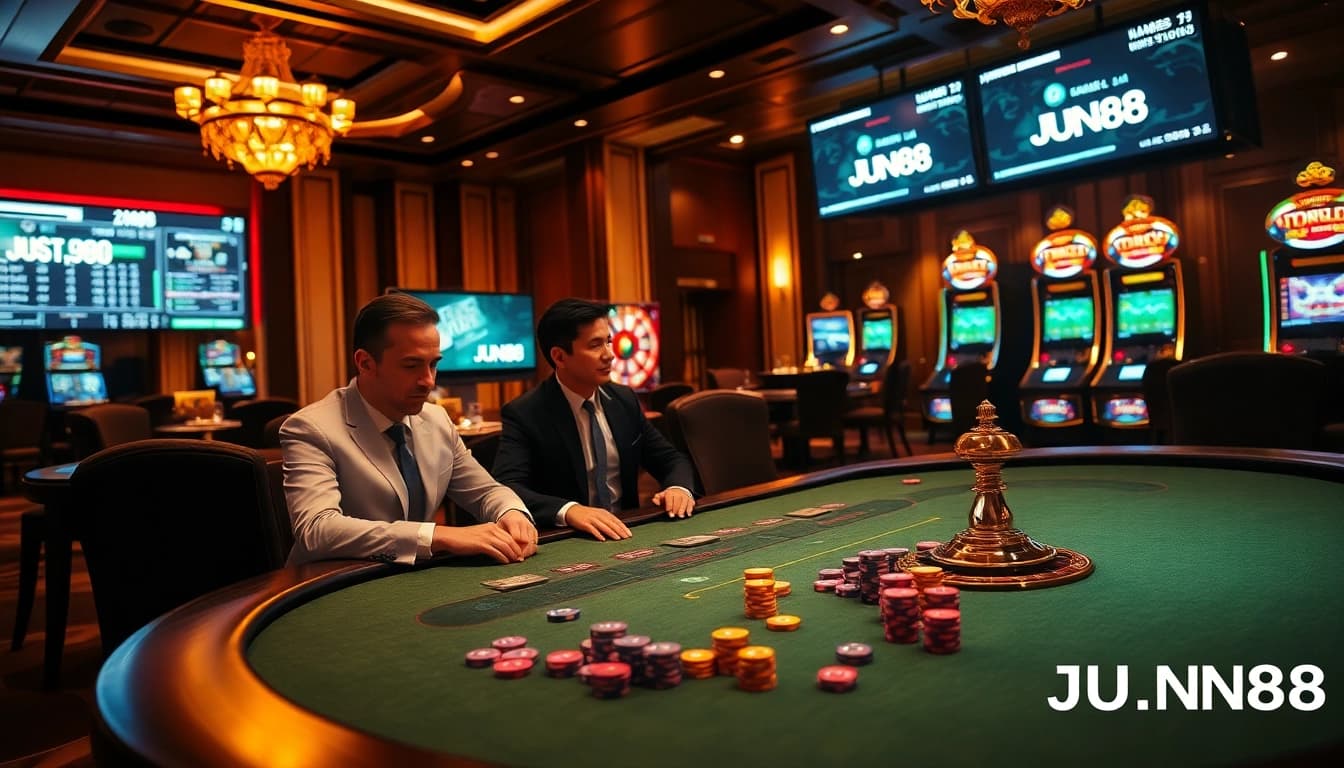 Experience the thrill of JUN88 with players at a vibrant casino table amidst colorful gambling elements.