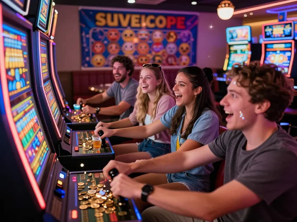 Sekelompok teman yang menyenangkan menikmati pengalaman bermain situs slot di kasino yang ramai.