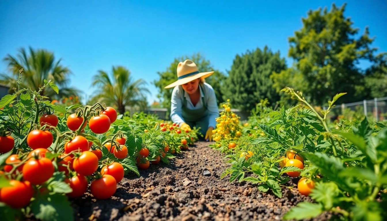 Gardening in a vibrant vegetable garden with a gardener tending to plants.