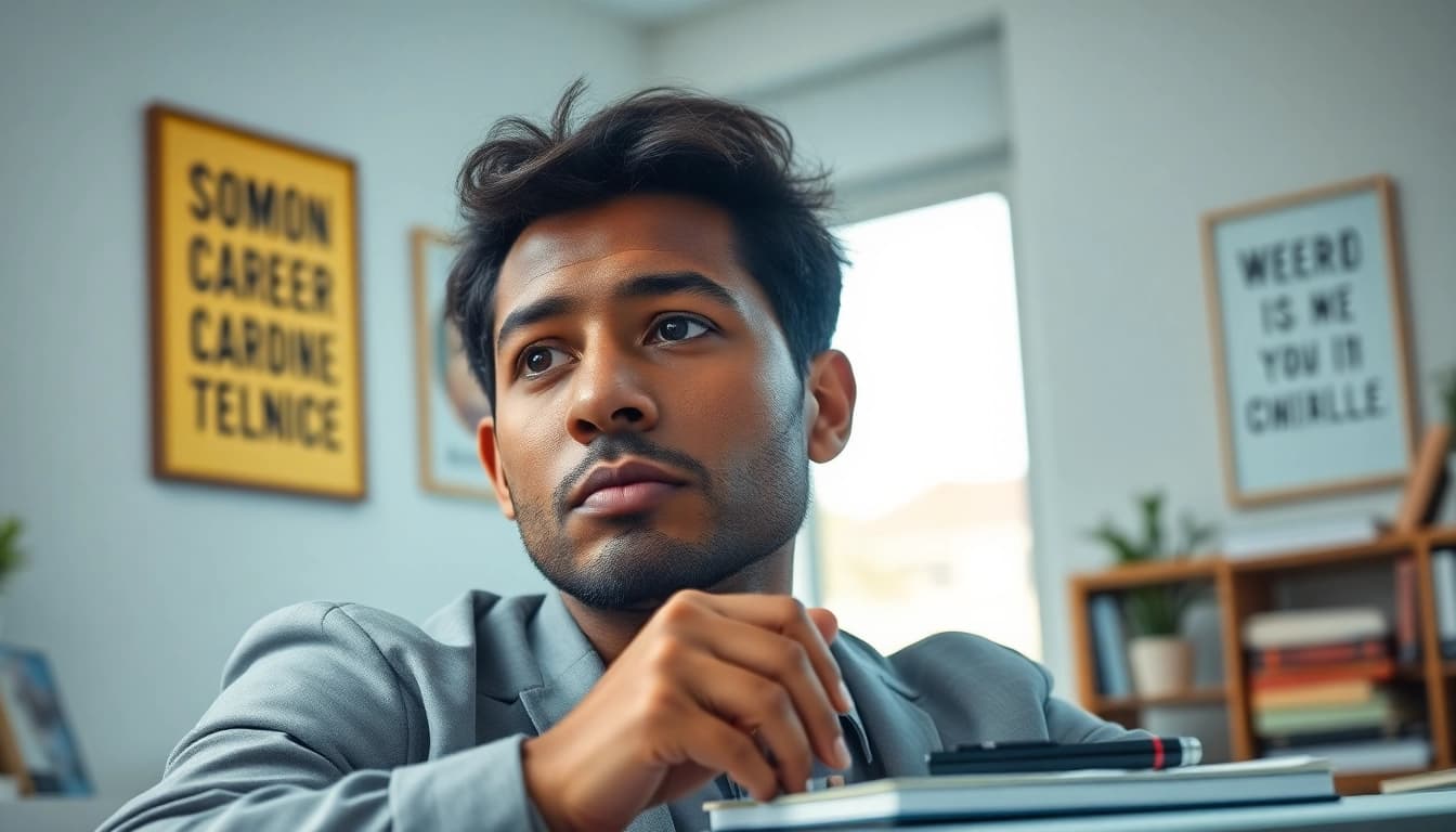 Find my true calling while reflecting in a serene office environment with motivational elements.